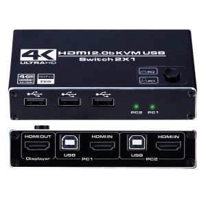 HDMI 2.0b KVM USB Switch 2 Port, 2 Computers Share One Monitor 2x1